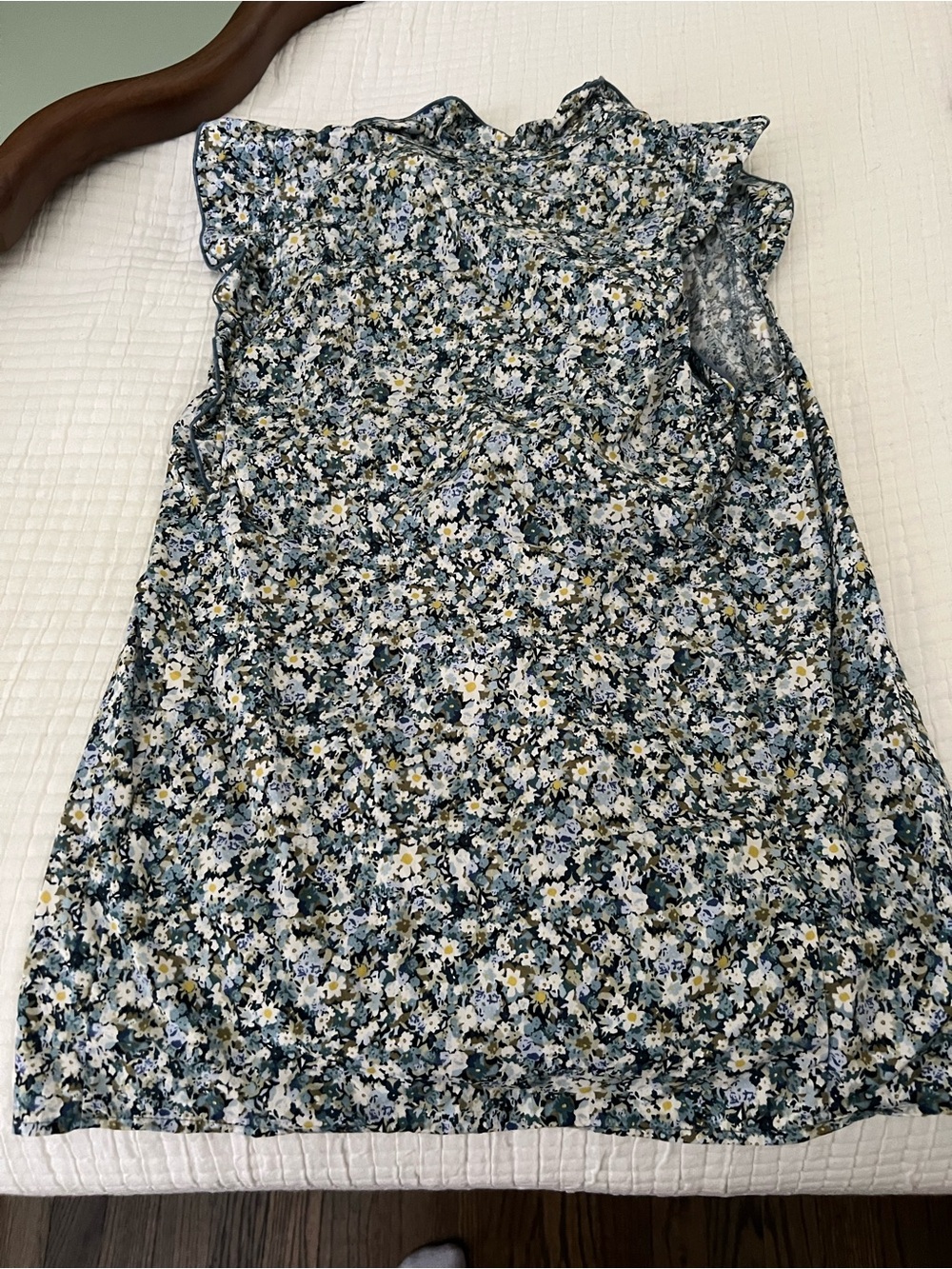 Sezane Floral Ruffle Neck Sleeveless Top in Blue, White and Green